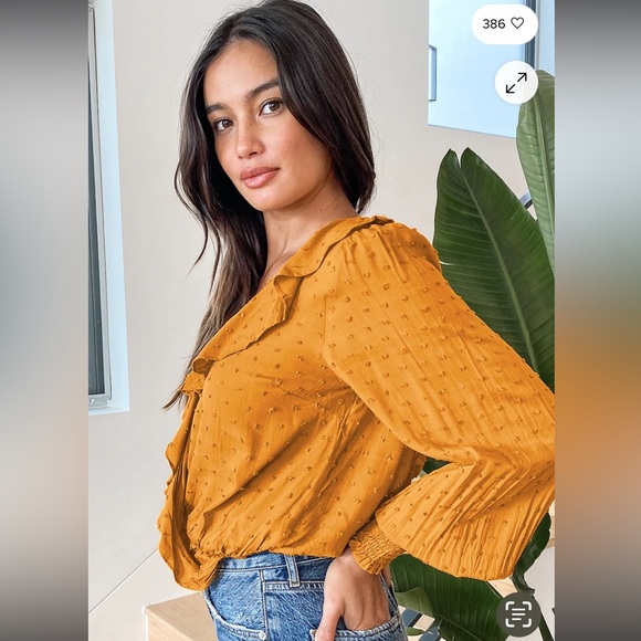 Lulus Women’s S Mustard Swiss Dot Ruffle Long Puff Sleeve Smocked Wrist Top EUC - Picture 8 of 16